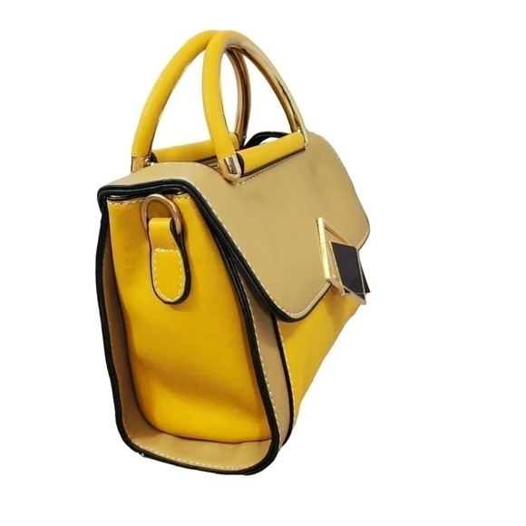 Yellow and Tan Two-Tone Cross Body Purse With Golden Accents, Adjustable Strap - Picture 3 of 8
